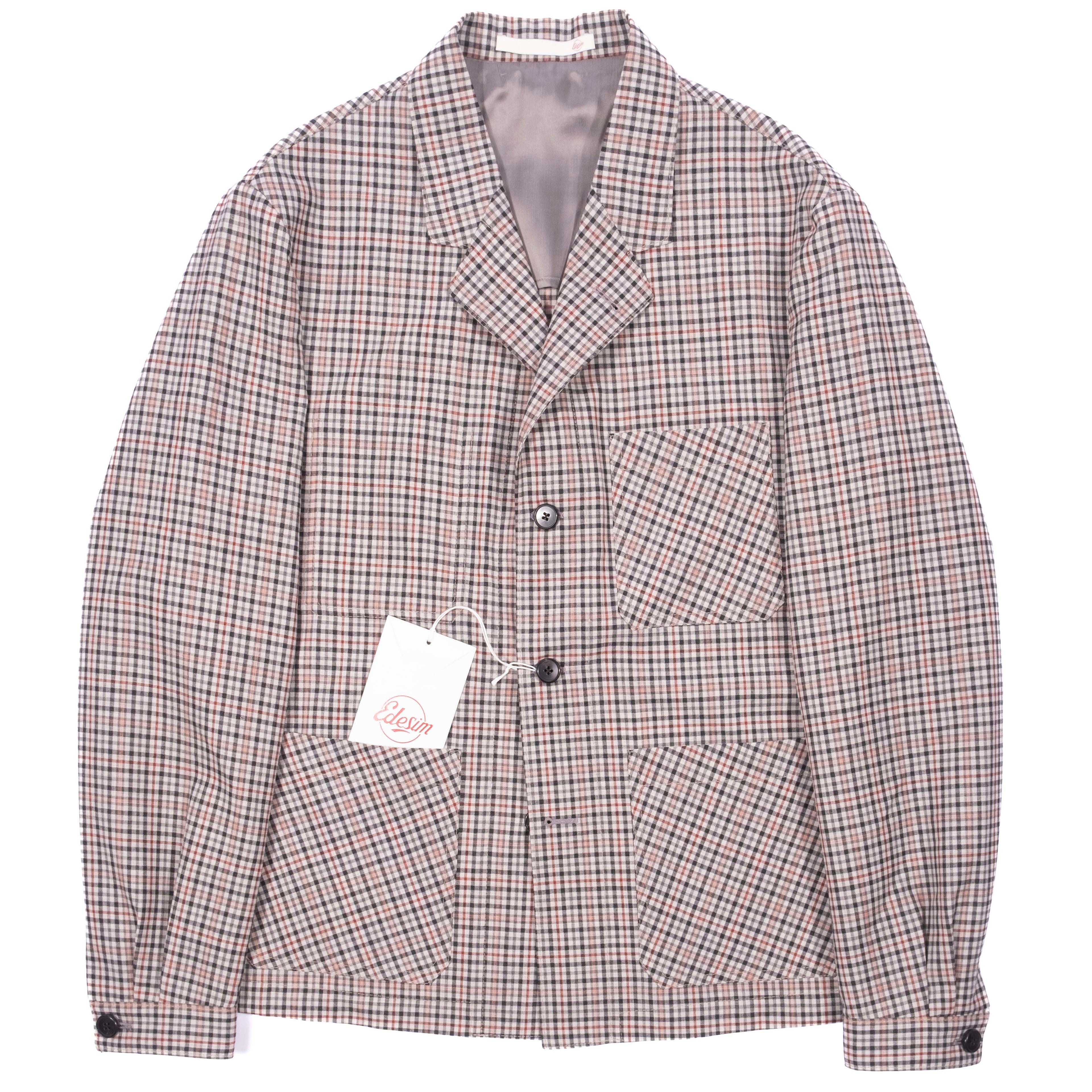 Neapolitan Hand Tailored Red, White and Black Checked Checks Holland & Sherry Wool Utility Jacket Sz 48