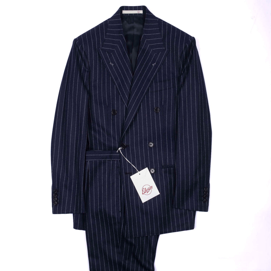 Neapolitan Hand Tailored Double Breasted Navy Chalk Striped Flannel Suit Sz 54