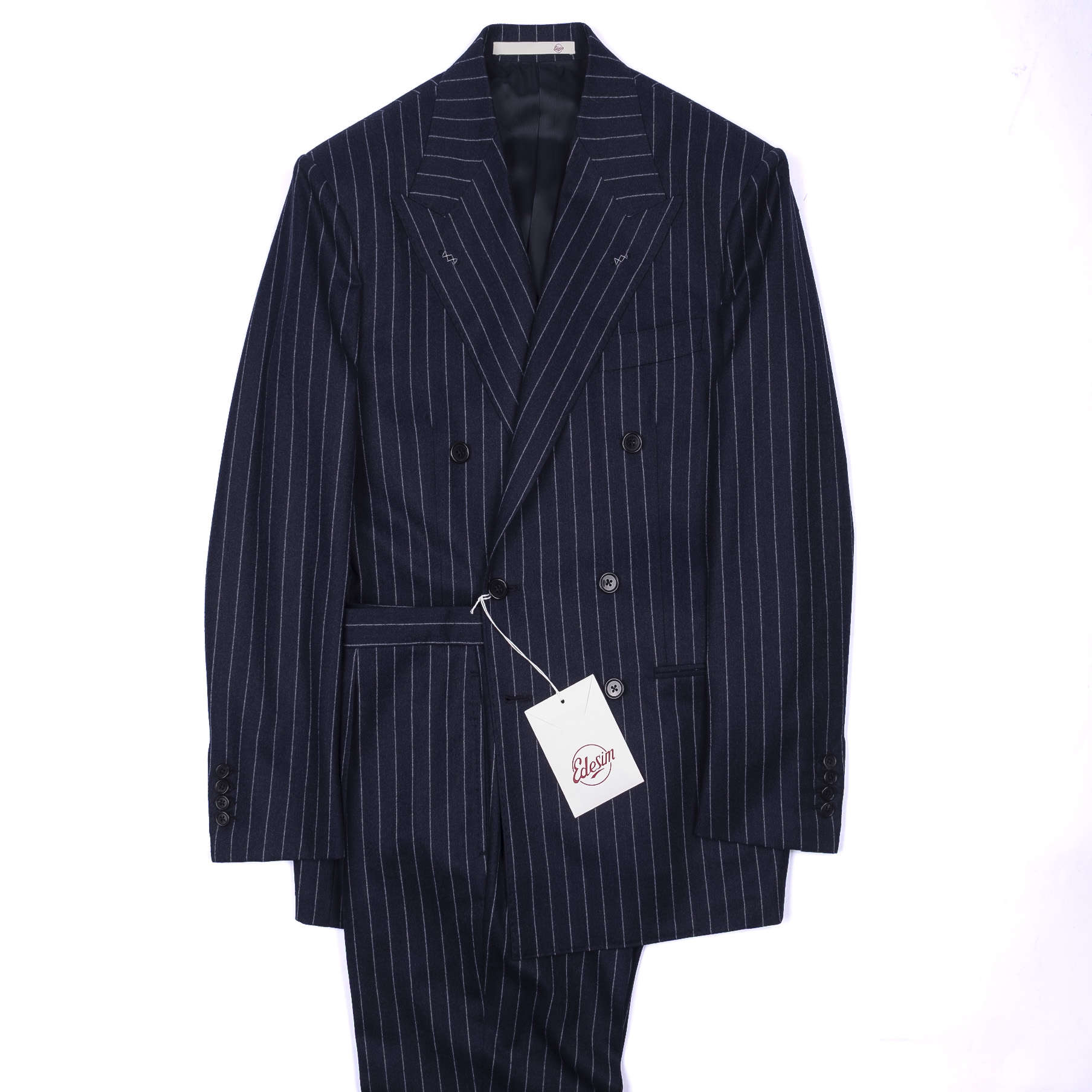 Neapolitan Hand Tailored Double Breasted Navy Chalk Striped Flannel Suit Sz 54