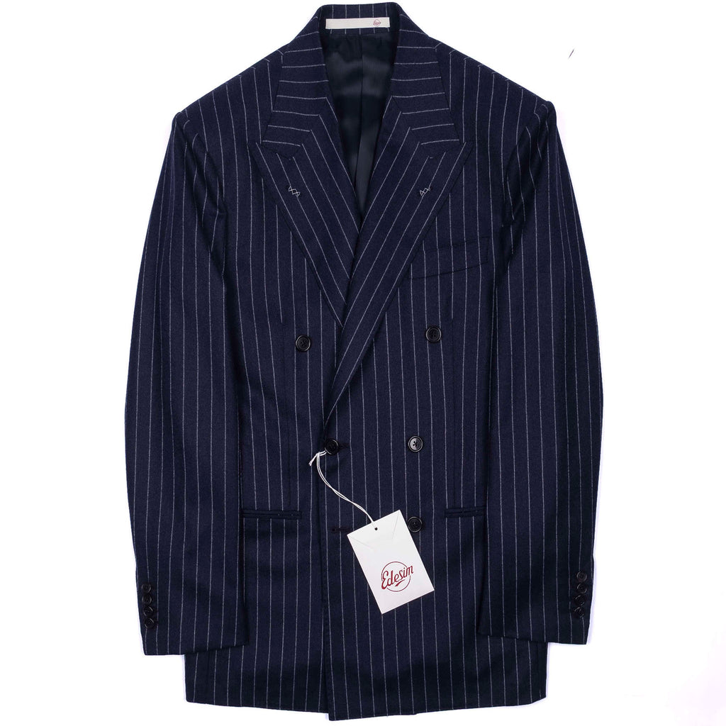 Neapolitan Hand Tailored Double Breasted Navy Chalk Striped Flannel Suit Sz 54