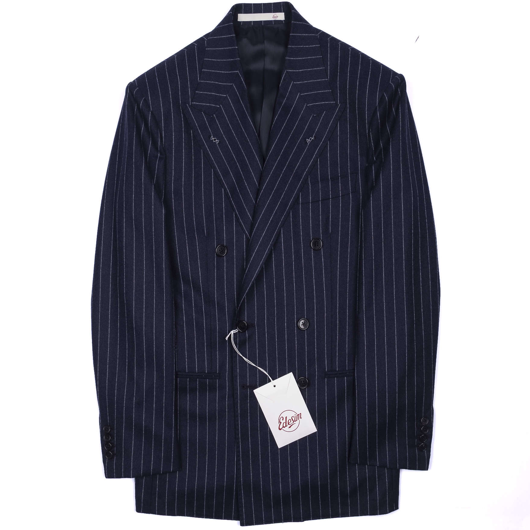 Neapolitan Hand Tailored Double Breasted Navy Chalk Striped Flannel Suit Sz 54
