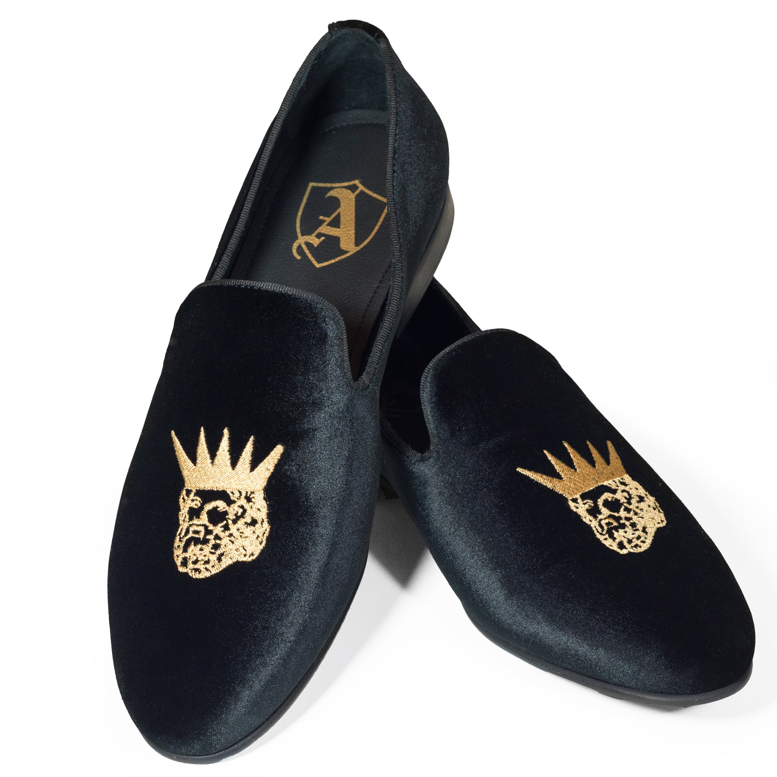 Black Velvet Slippers with Embroidered Kings, 44