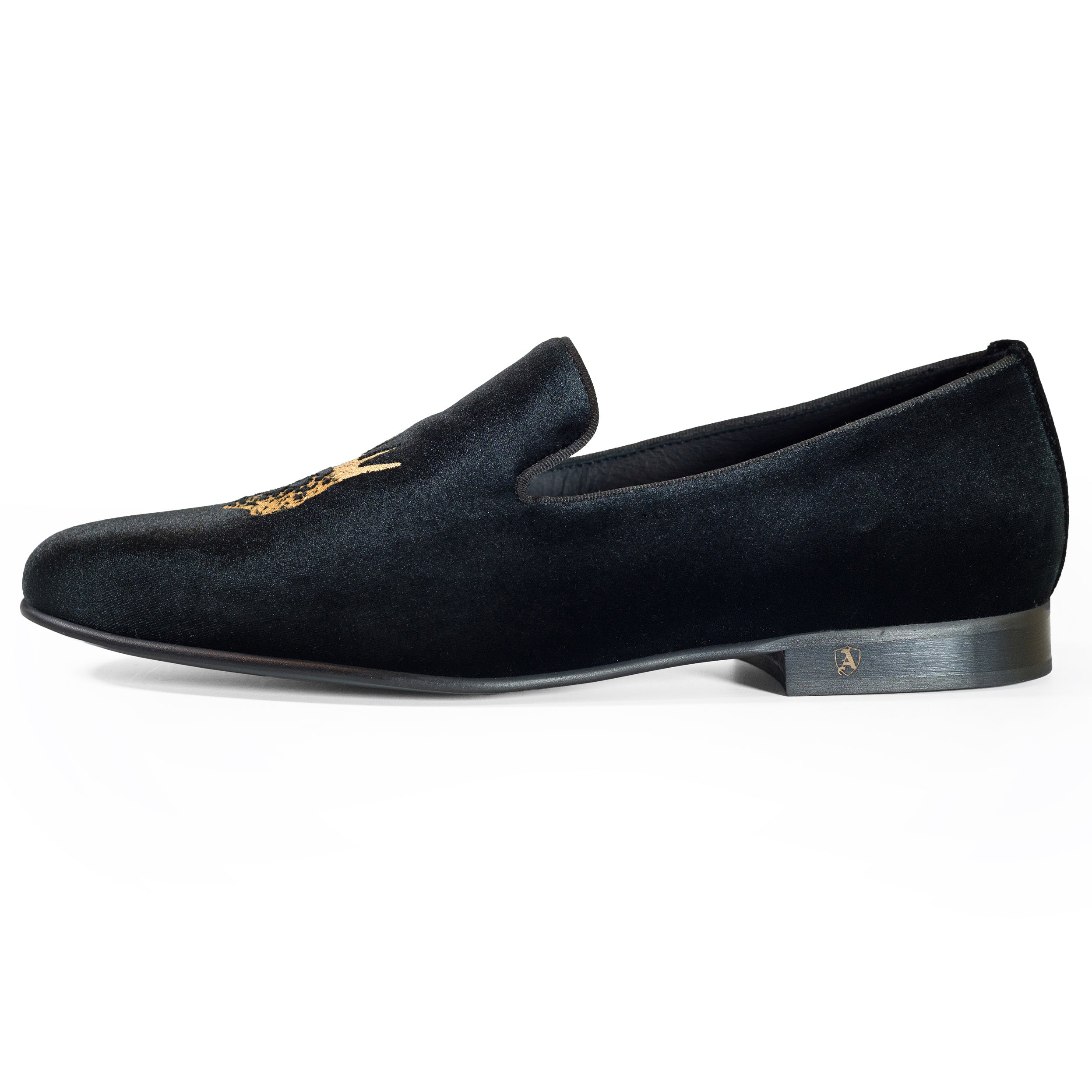 Black Velvet Slippers with Embroidered Kings, 44