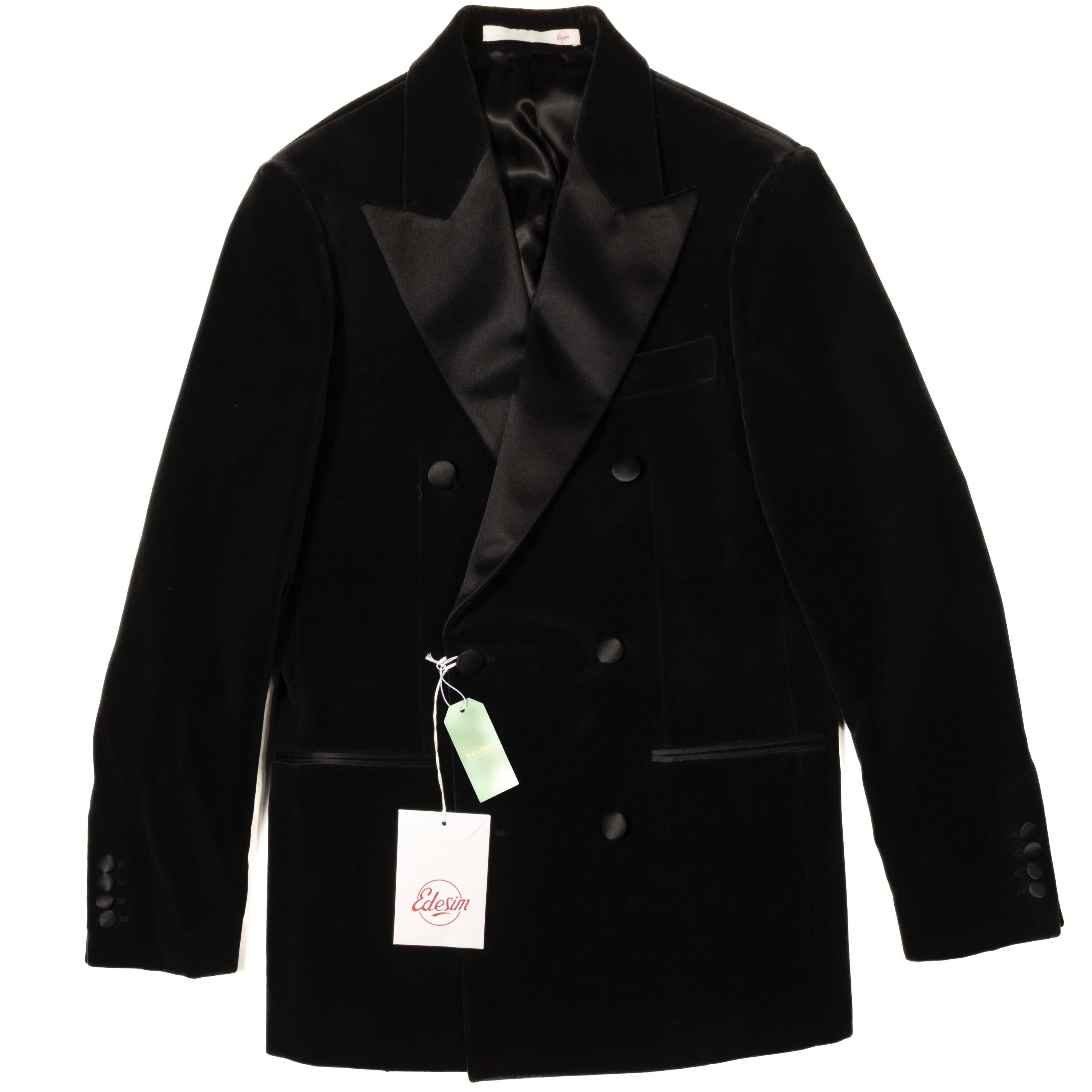 Est Retail Price 20 000 SEK -Neapolitan Hand Tailored  Black Velvet Double Breasted Tuxedo Suit Sz 52