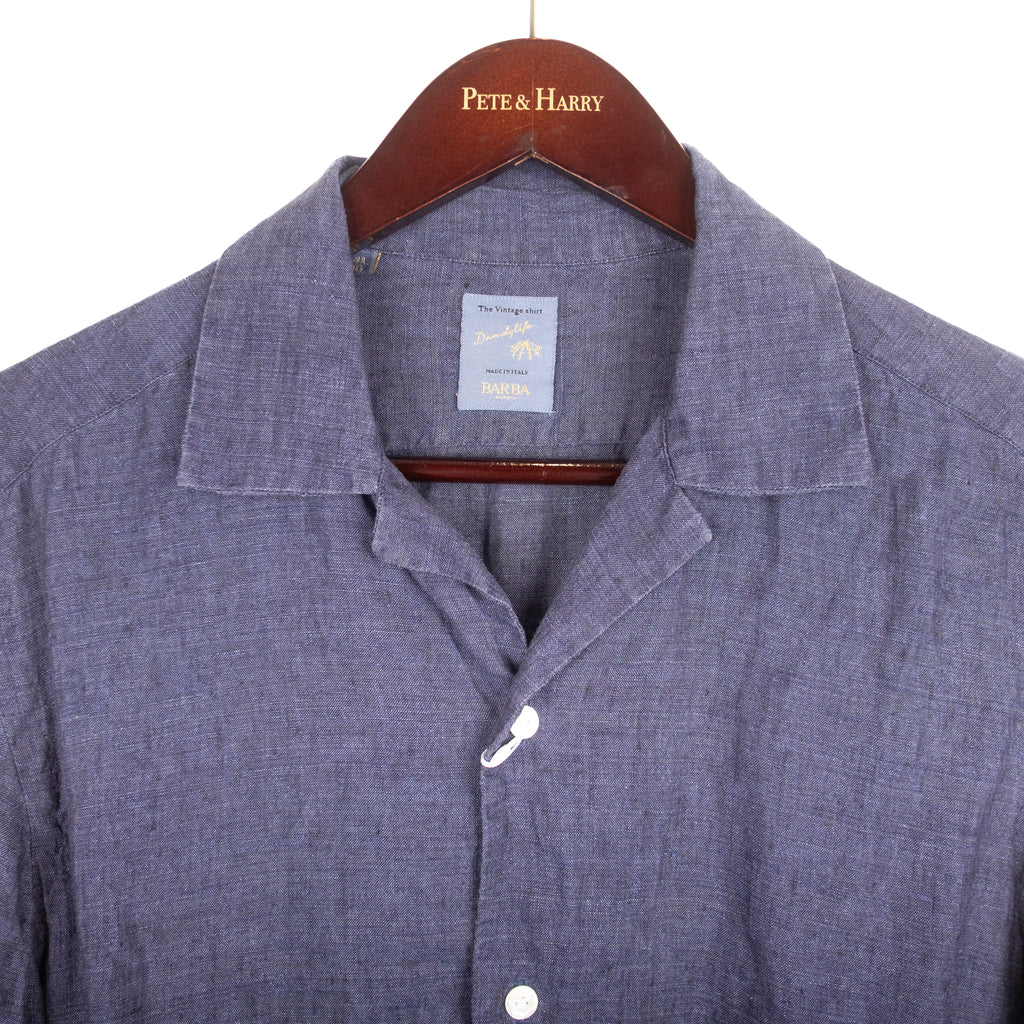 Navy Linen Camp Collar Shirt