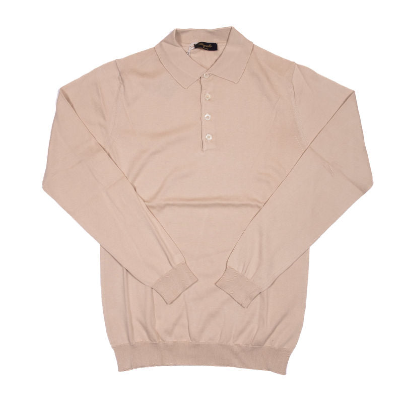 Blugiallo Beige Knit Long Sleeved Cotton Polo Shirt