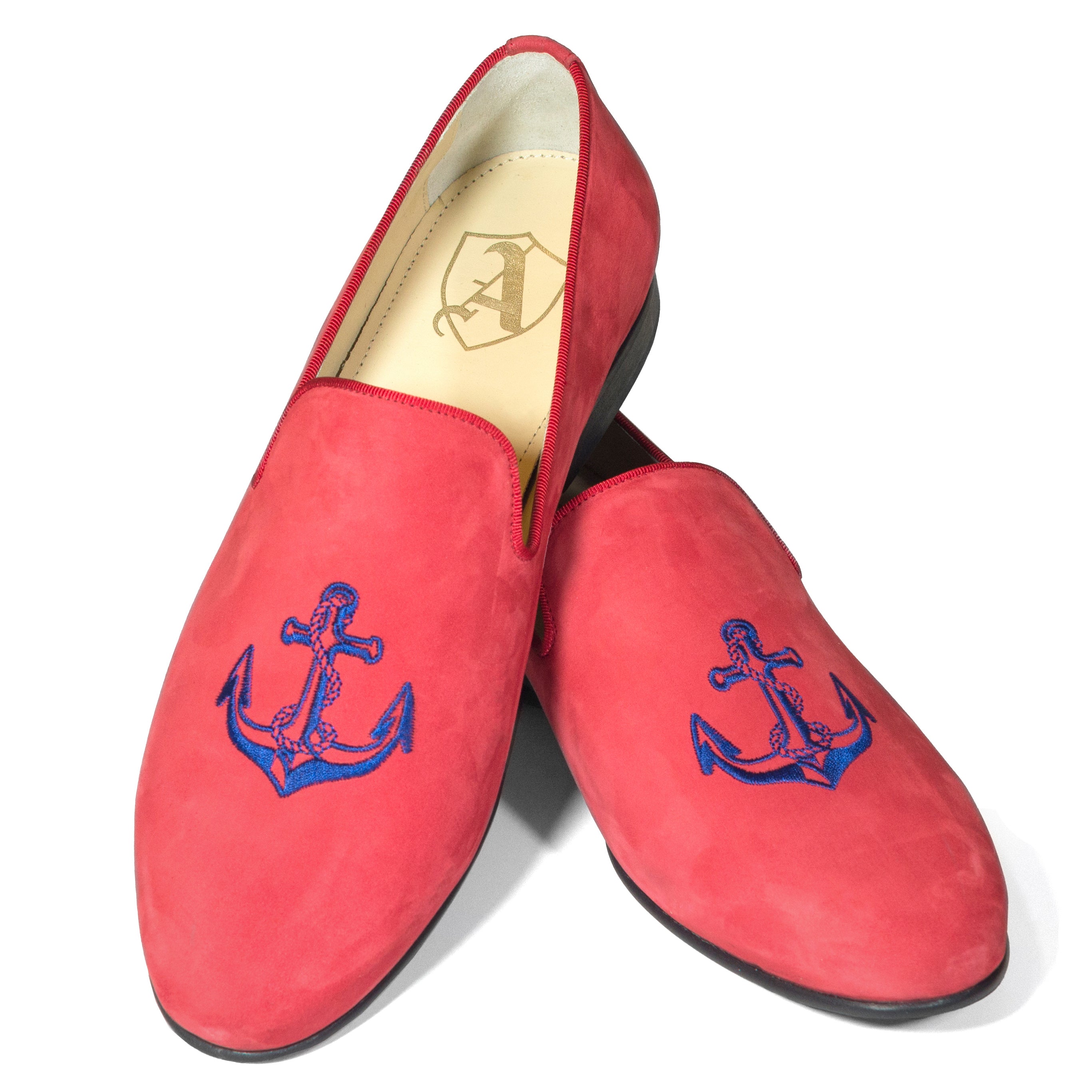 Salmon Velvet Slippers with Embroidered Anchors, 41