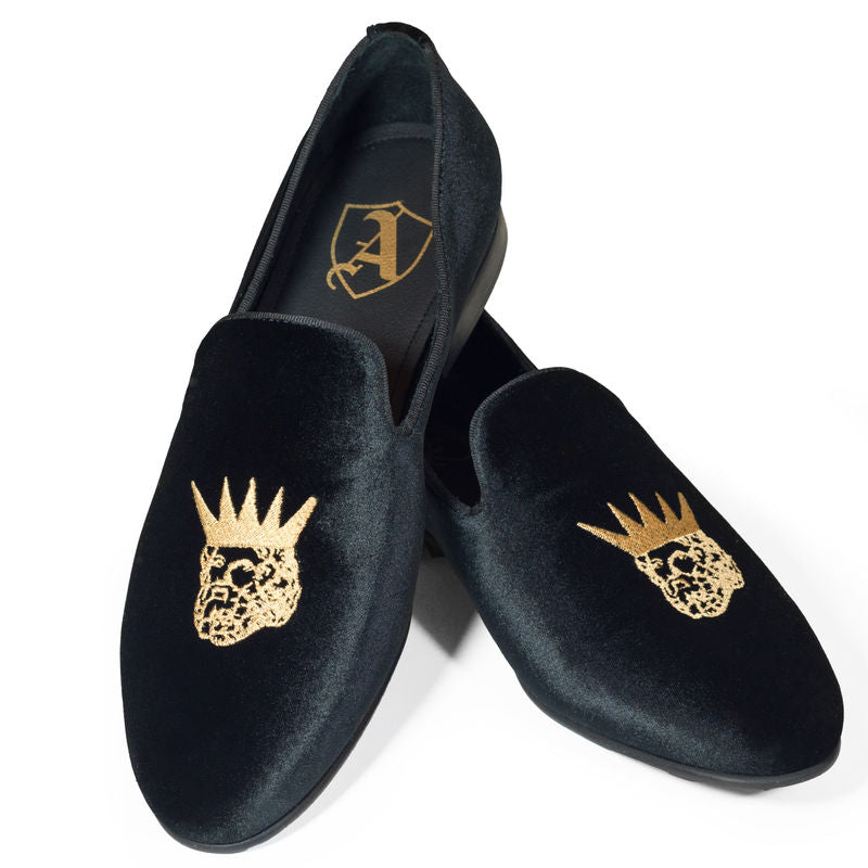 Black Velvet Slippers with Embroidered Kings