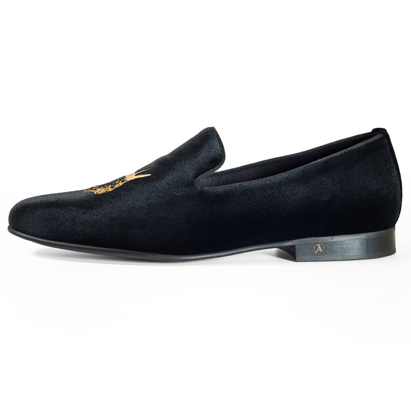 Black Velvet Slippers with Embroidered Kings