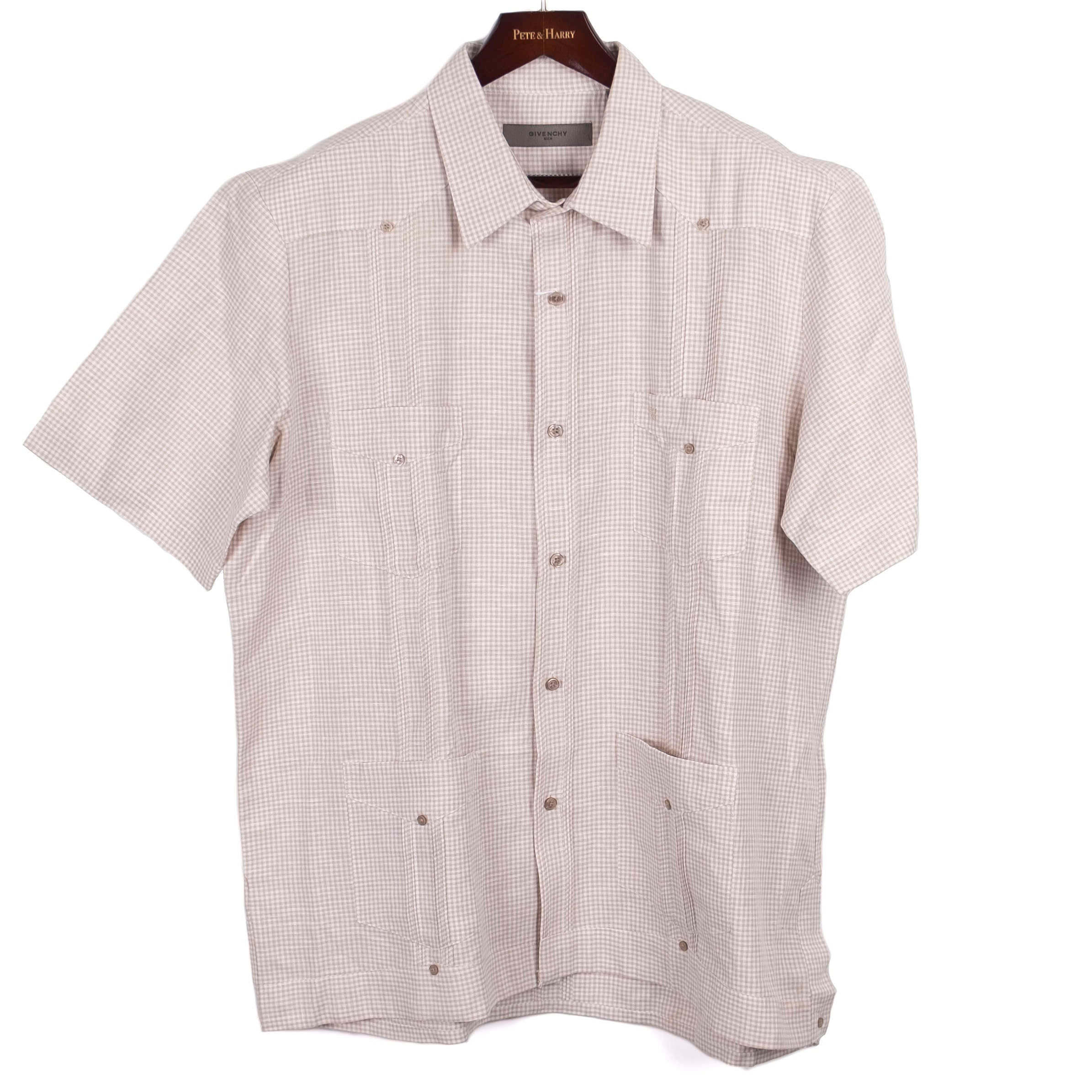 Beige Checked Short Sleeved Guayabera Shirt
