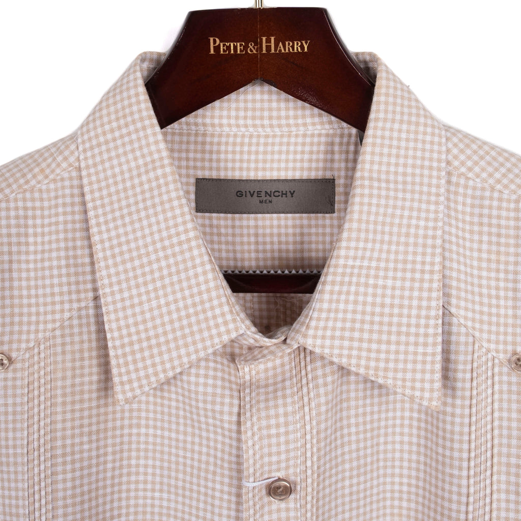 Beige Checked Short Sleeved Guayabera Shirt