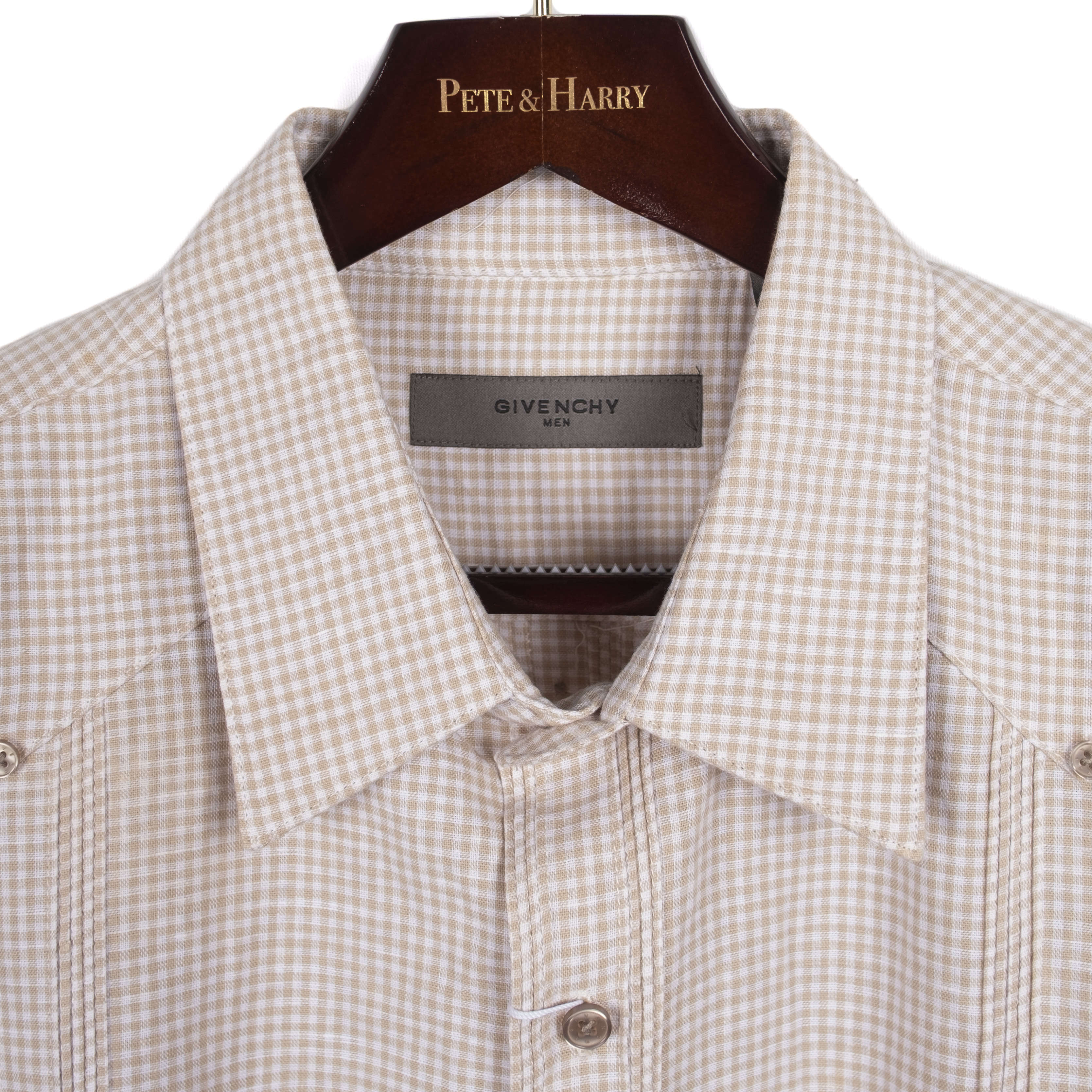 Beige Checked Short Sleeved Guayabera Shirt
