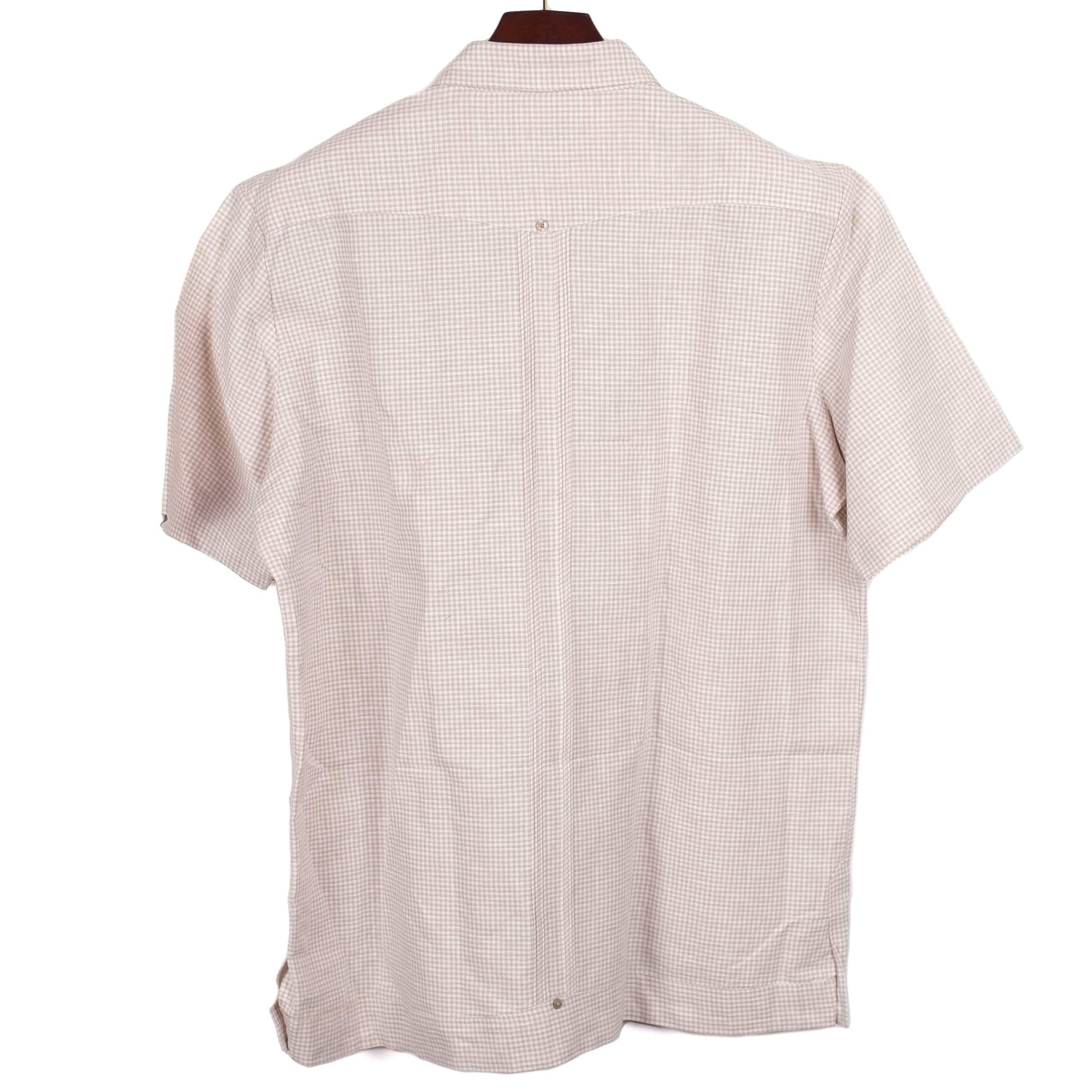 Beige Checked Short Sleeved Guayabera Shirt
