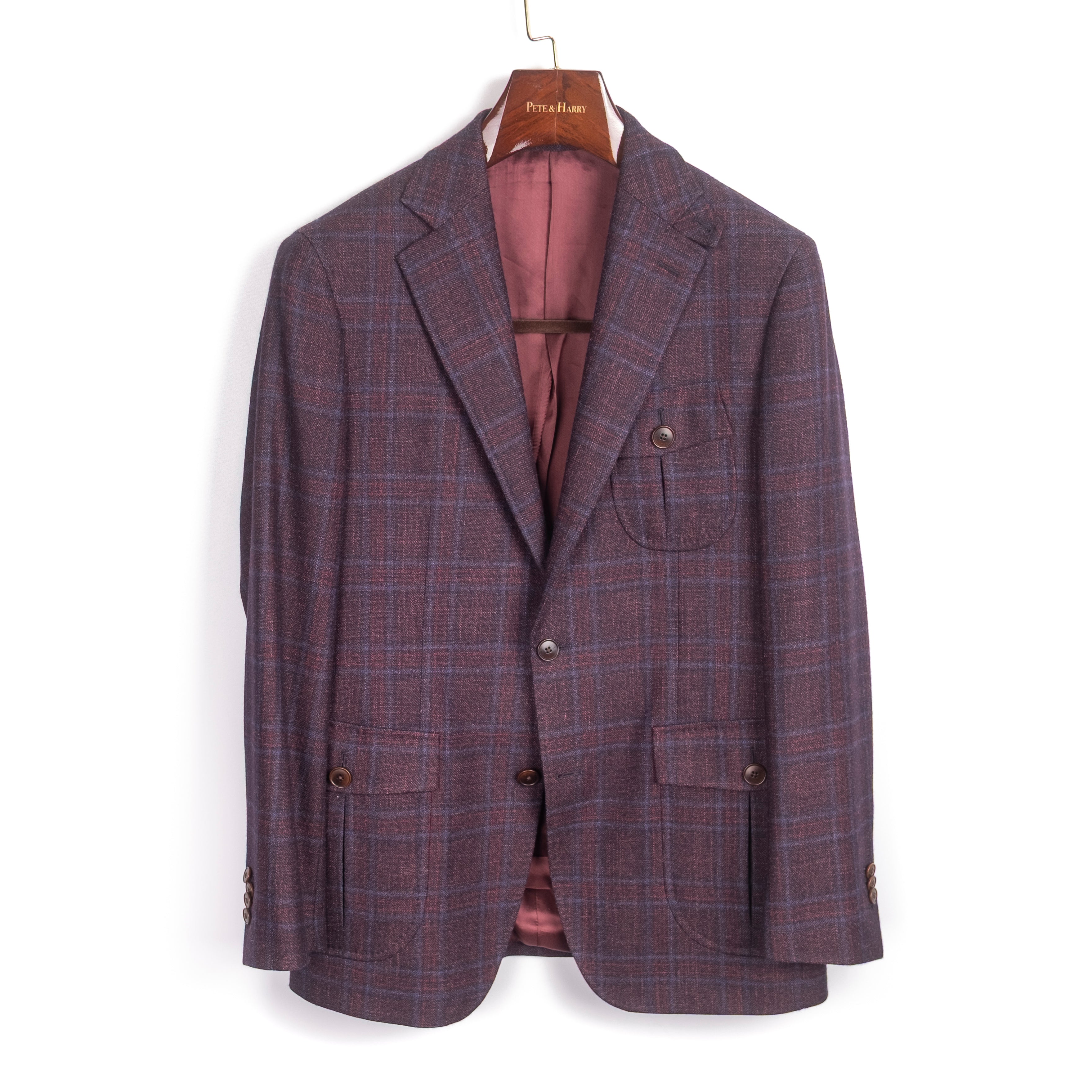 Burgundy Checks Pleated Flap Pocket Sport Coat