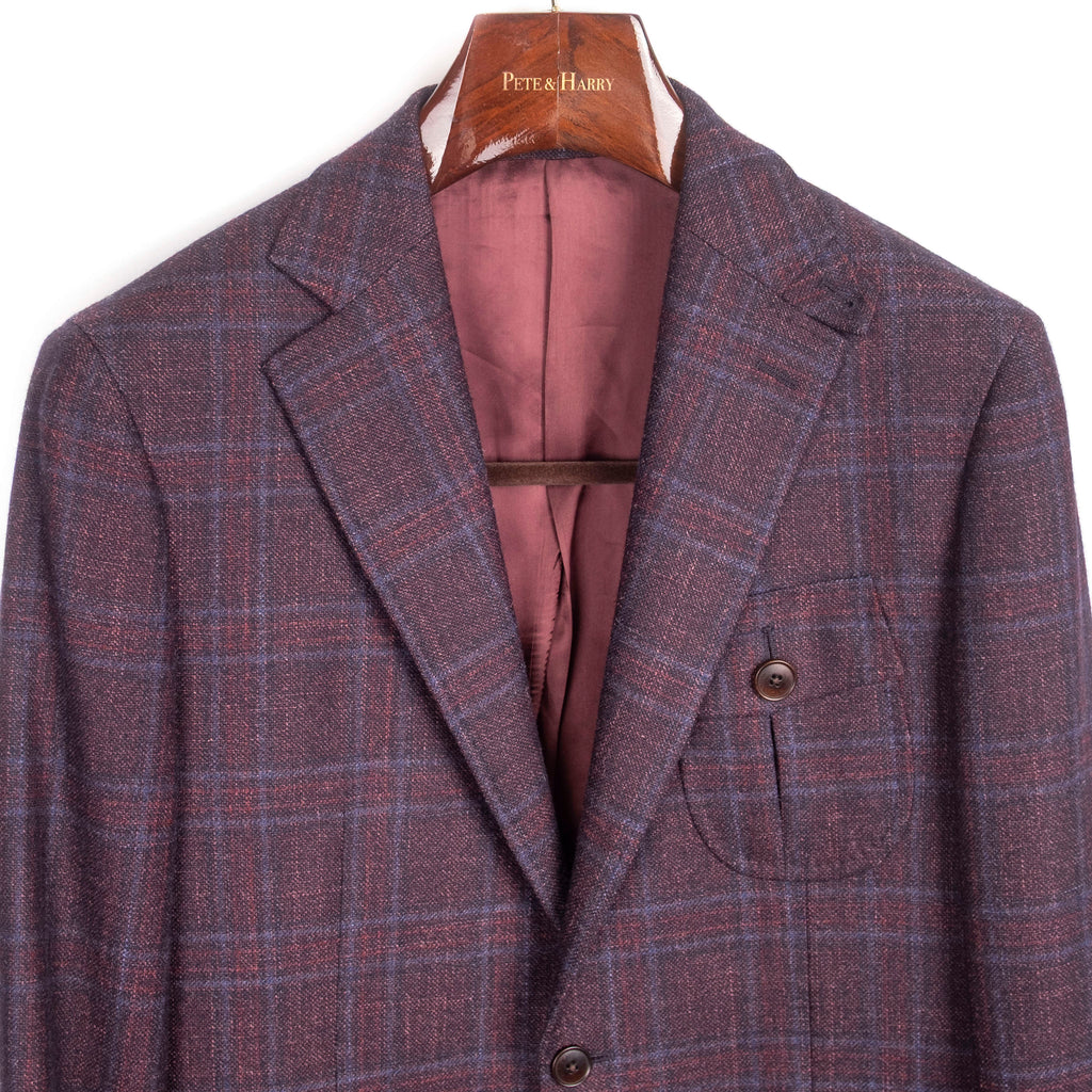 Burgundy Checks Pleated Flap Pocket Sport Coat