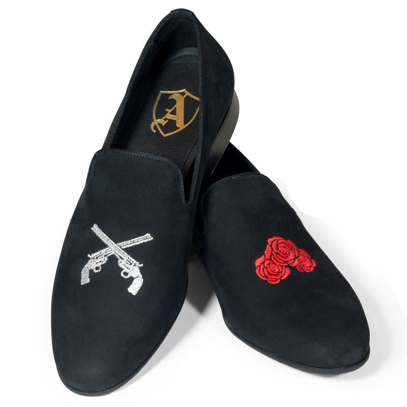 Est. Retail 2895 SEK - Black Suede Slippers with Embroidered Guns & Roses, 44