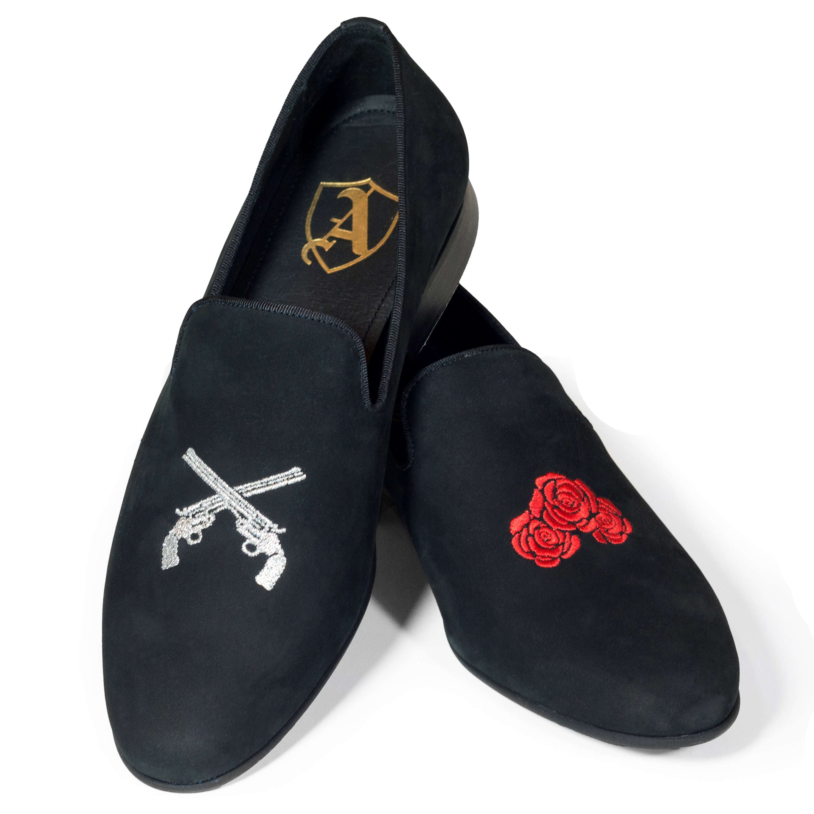 Black Suede Slippers with Embroidered Guns & Roses, 42