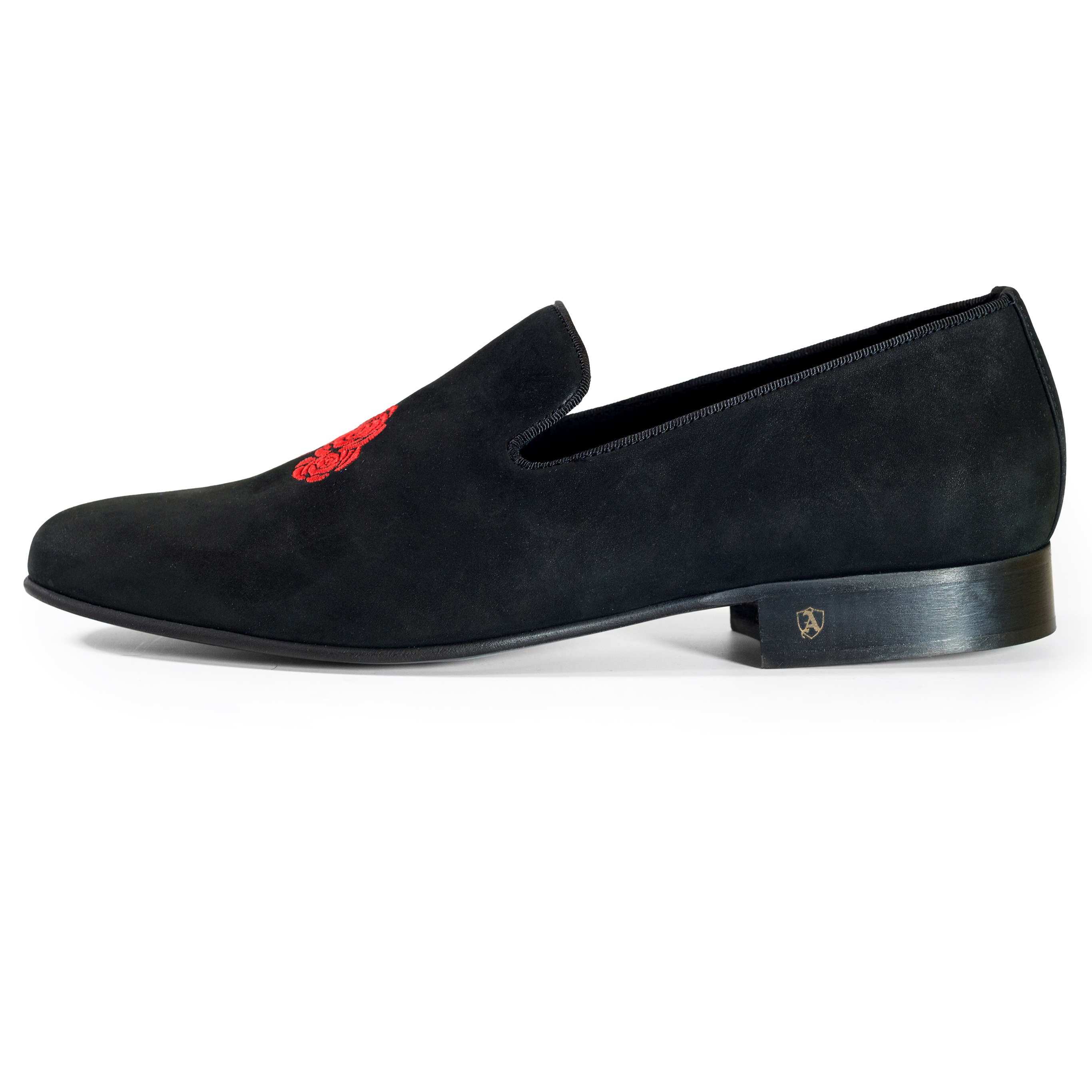 Black Suede Slippers with Embroidered Guns & Roses, 44