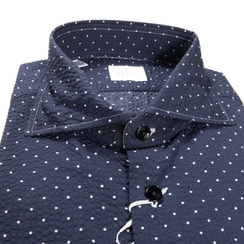 Navy Polkadot Seersucker Casual Shirt 42