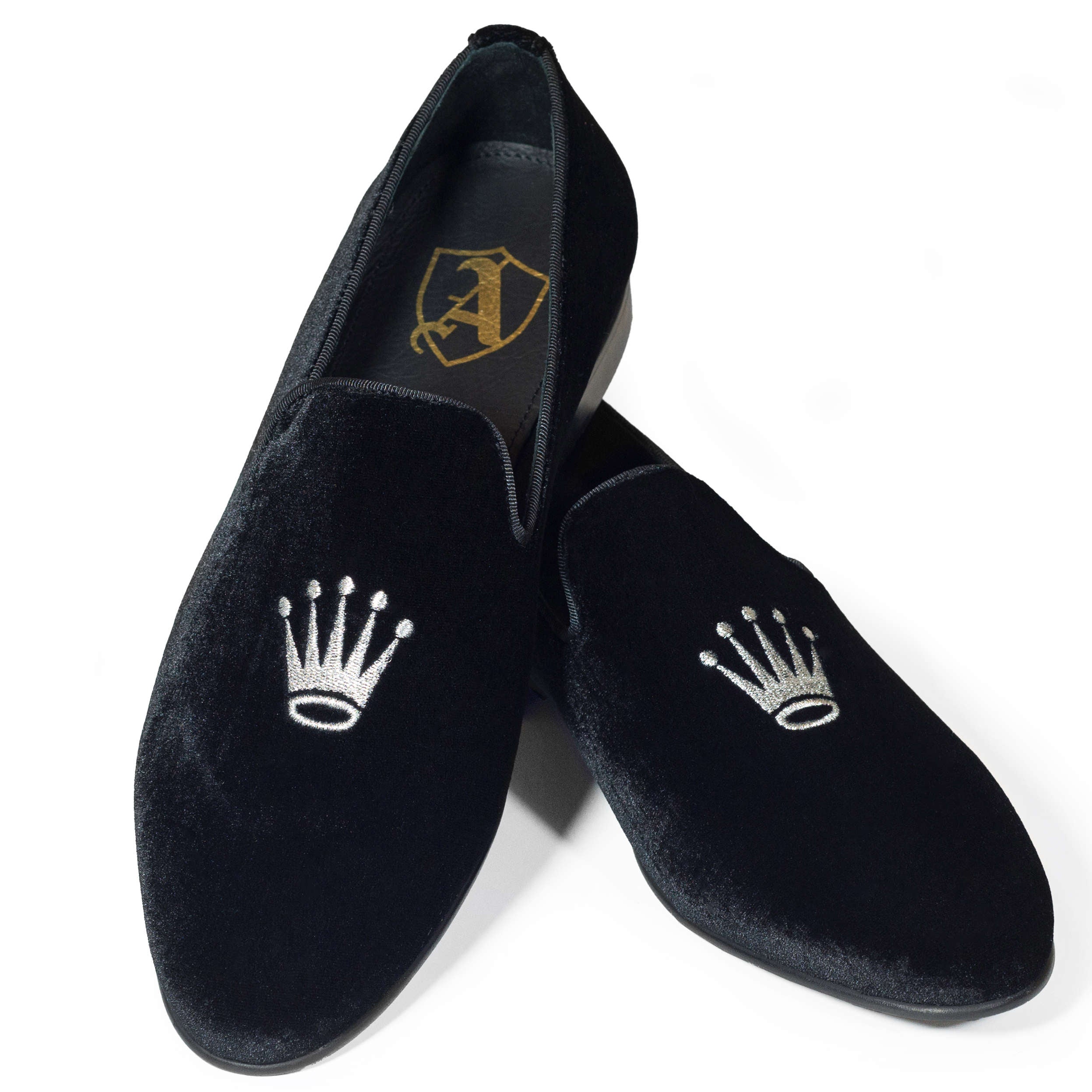Black Velvet Slippers with Embroidered Crowns, 42