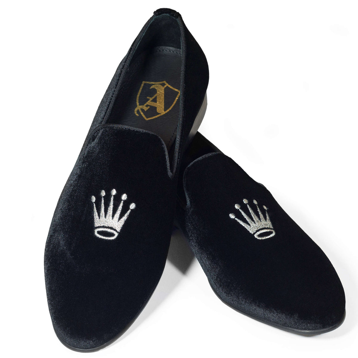 Black Velvet Slippers with Embroidered Crowns, 43