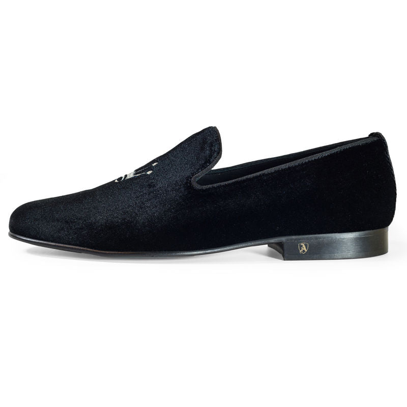 Black Velvet Slippers with Embroidered Crowns