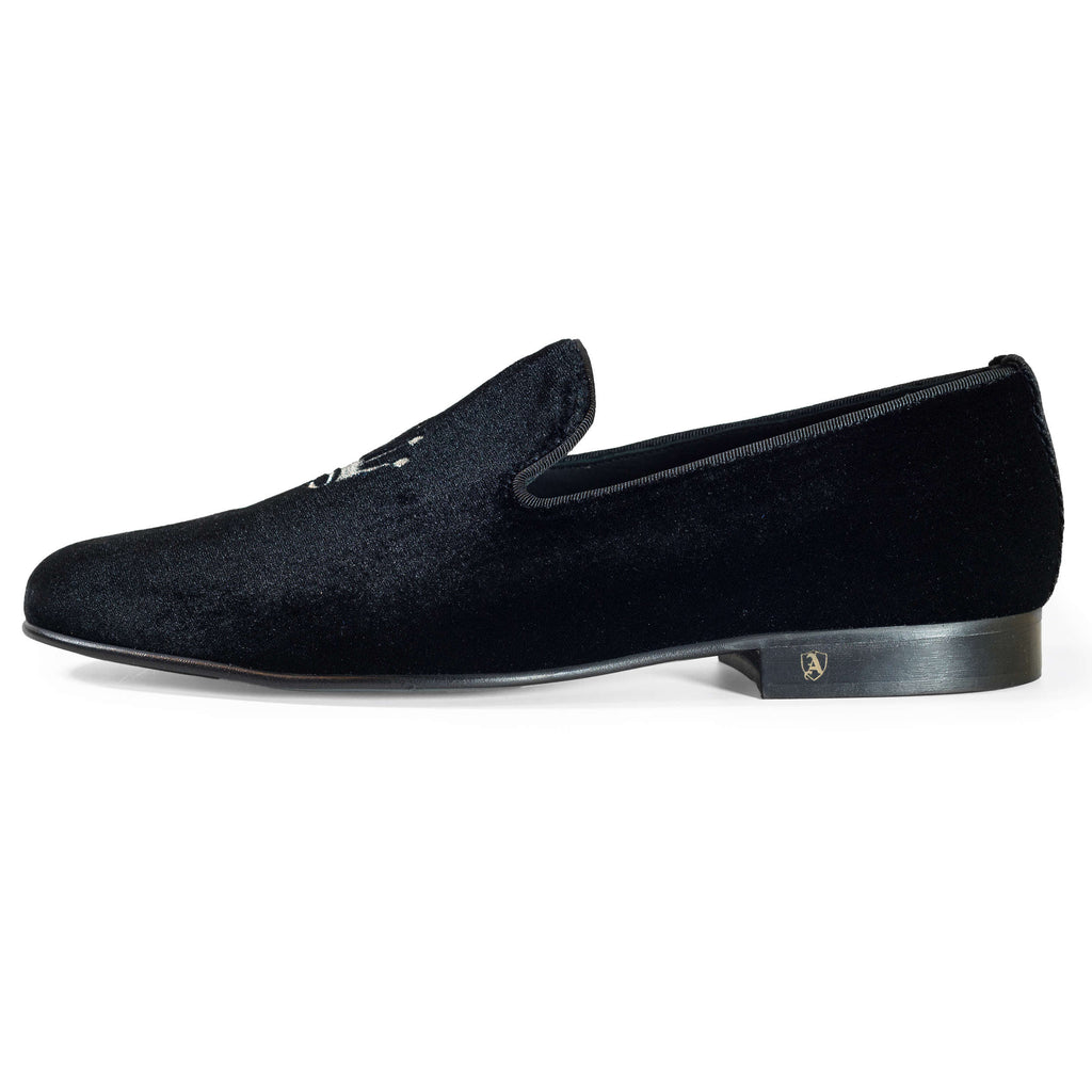 Black Velvet Slippers with Embroidered Crowns, 43