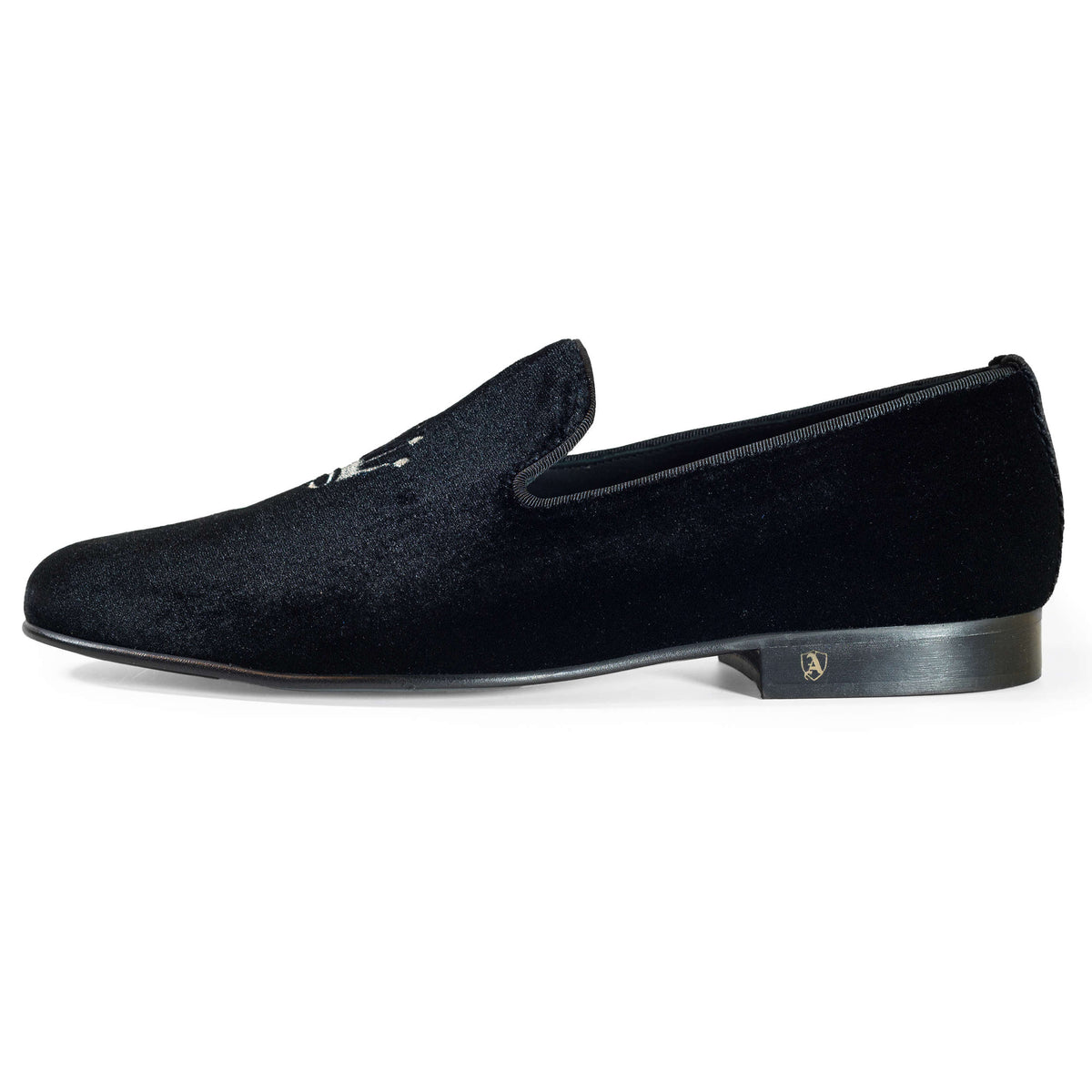 Black Velvet Slippers with Embroidered Crowns, 43