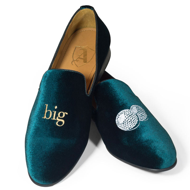 Petrol Velvet Slippers with Embroidered "Big" and Two Disco Balls