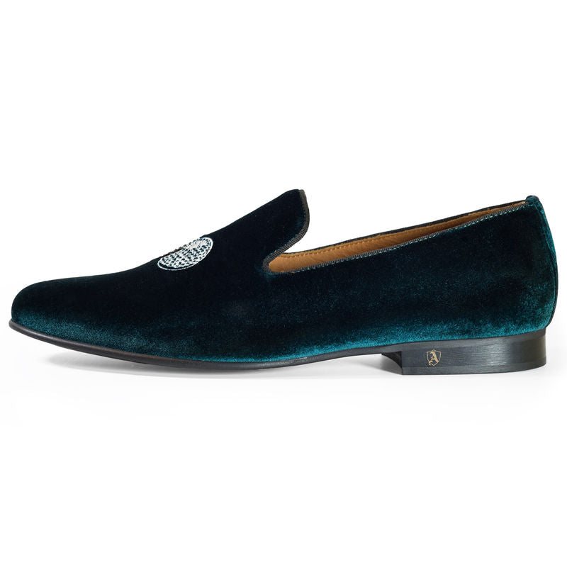 Petrol Velvet Slippers with Embroidered "Big" and Two Disco Balls