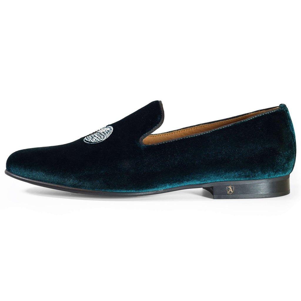 Petrol Blue Velvet Slippers with Embroidered "Big" and Two Disco Balls, 41