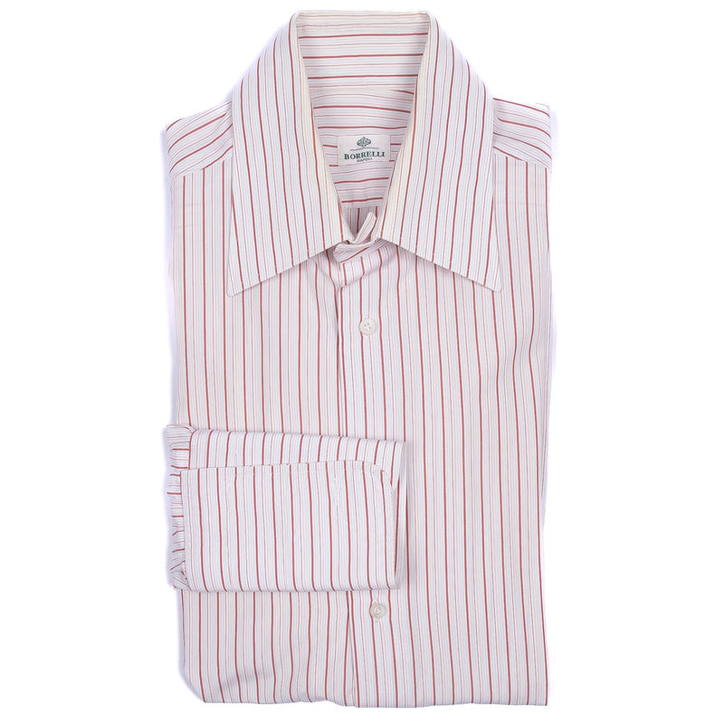 Borrelli Napoli Whitev French Cuff Shirt with Red and Blue Stripes