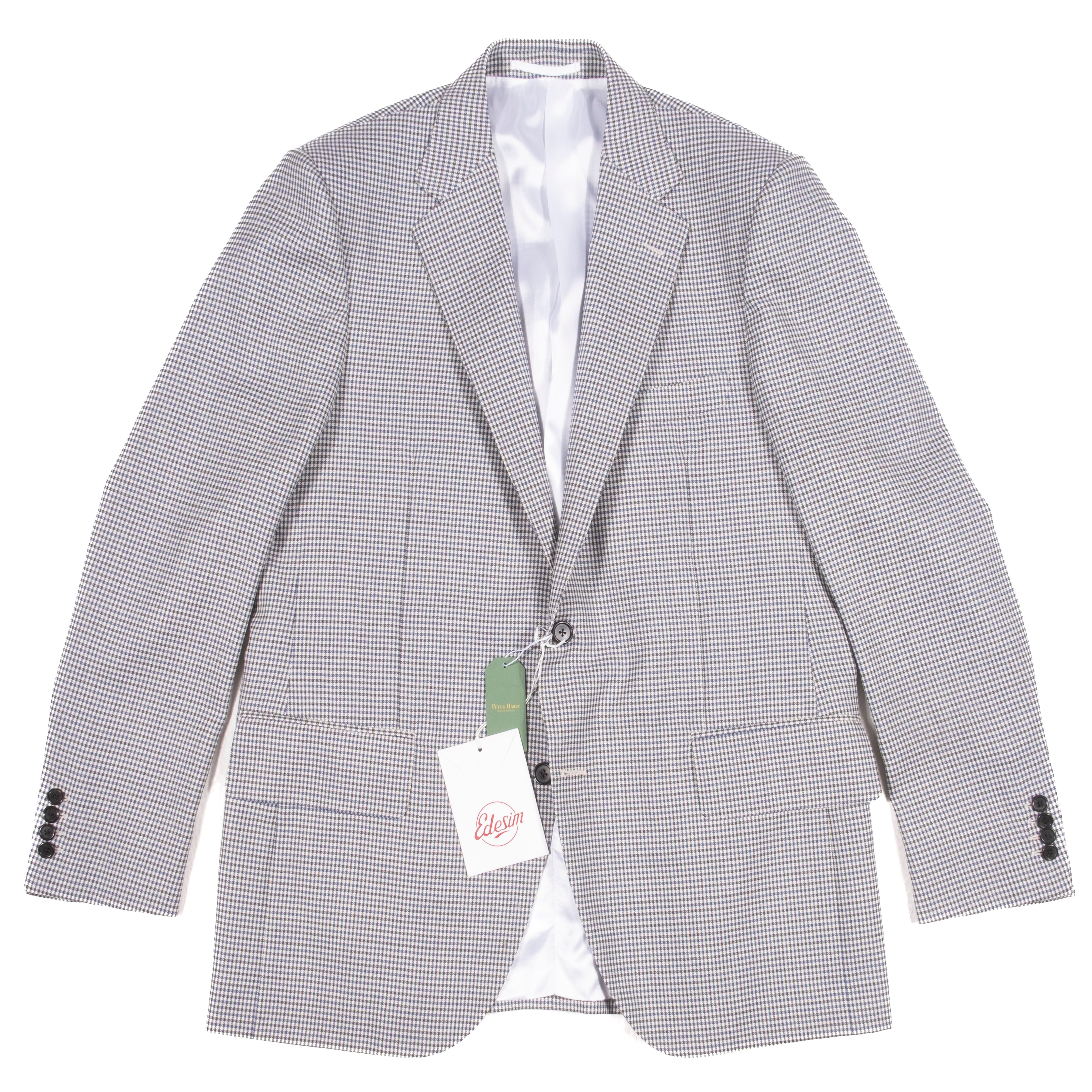 Neapolitan Hand Tailored Grey, White and Blue Mini Checked Wool Sport Coat Sz 50
