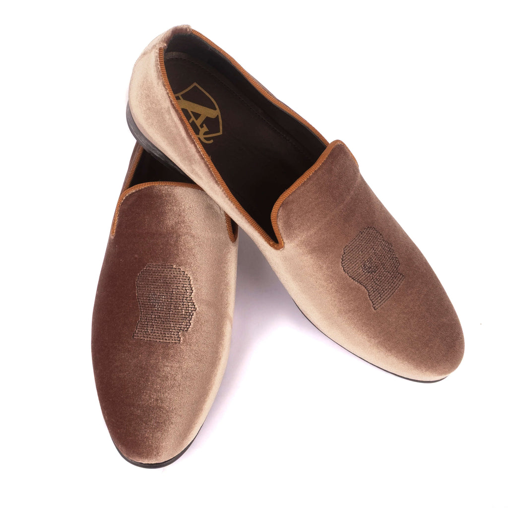Gold Coloured Velvet Slippers with Embroidered Face
