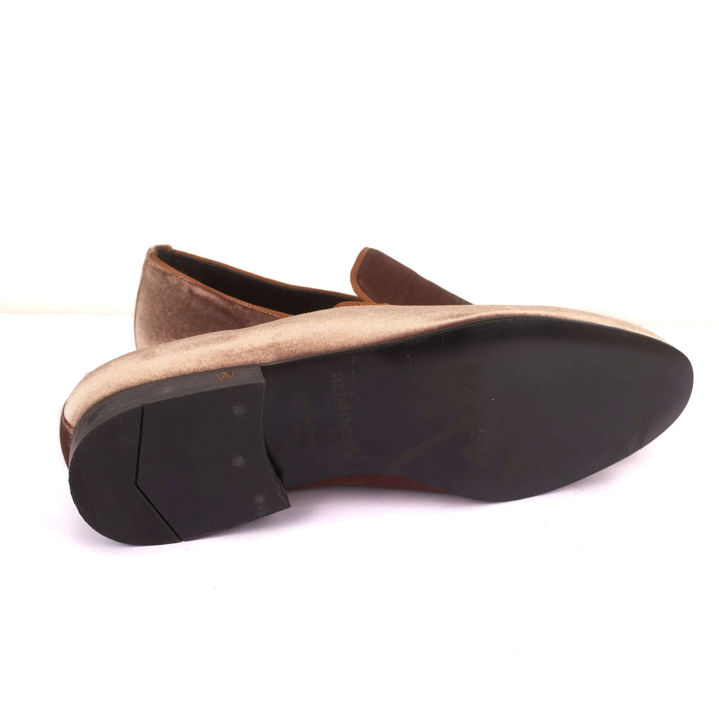 Gold Coloured Velvet Slippers with Embroidered Face