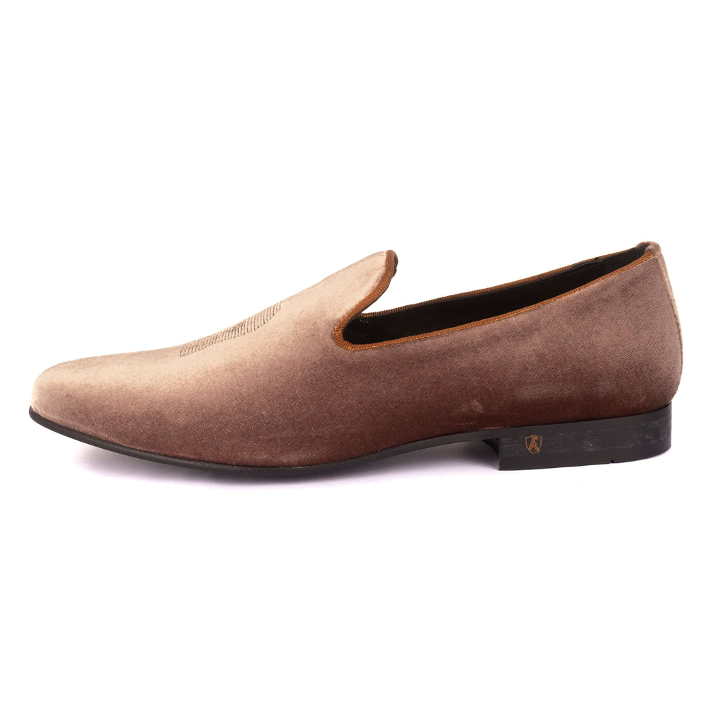 Gold Coloured Velvet Slippers with Embroidered Face