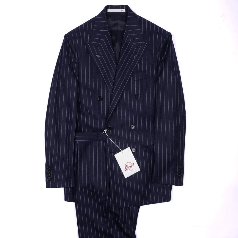 Neapolitan Hand Tailored Double Breasted Navy Pinstripe Flannel Suit Sz 56