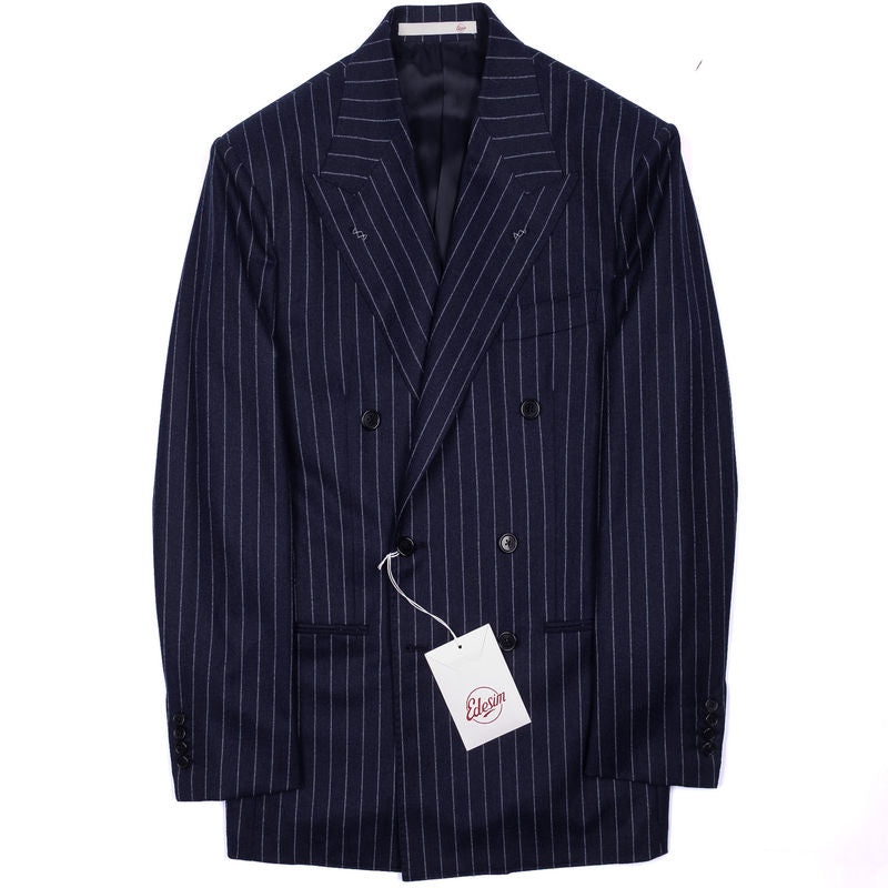 Neapolitan Hand Tailored Double Breasted Navy Pinstripe Flannel Suit Sz 56
