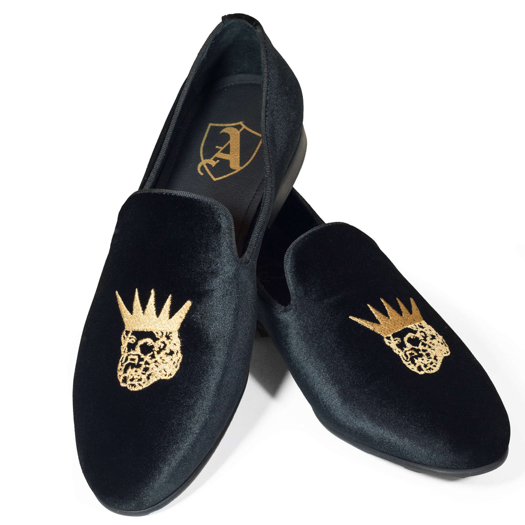 Black Velvet Slippers with Embroidered Kings, 43