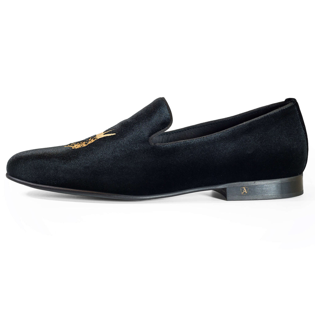 Black Velvet Slippers with Embroidered Kings, 43