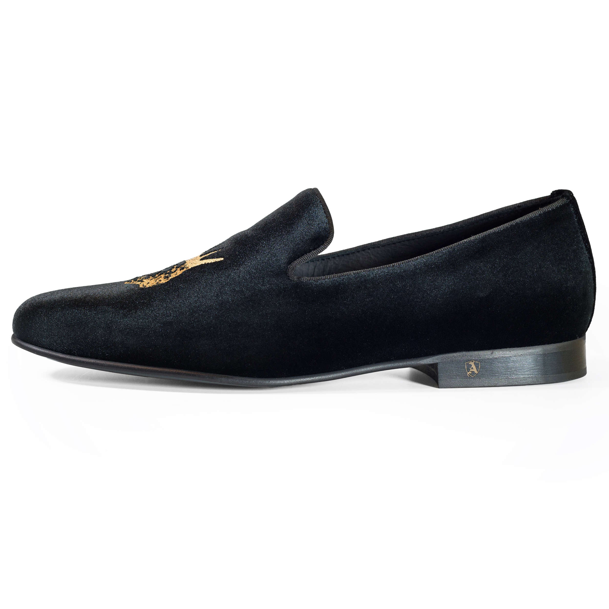 Black Velvet Slippers with Embroidered Kings, 43
