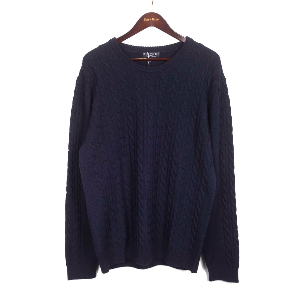 Navy Merino Wool Cableknit Crewneck
