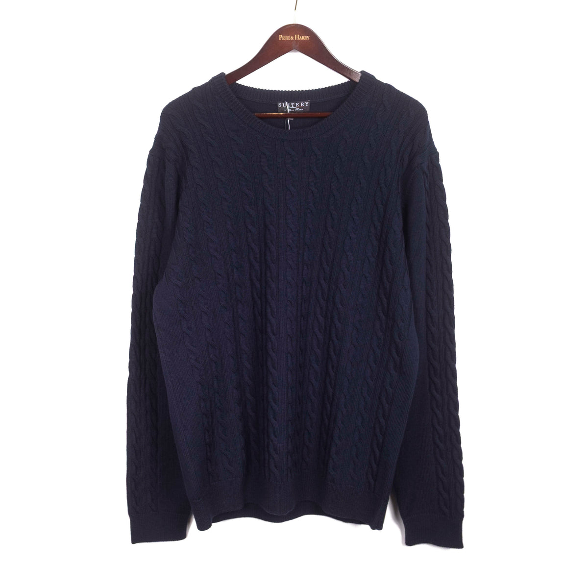 Navy Merino Wool Cableknit Crewneck