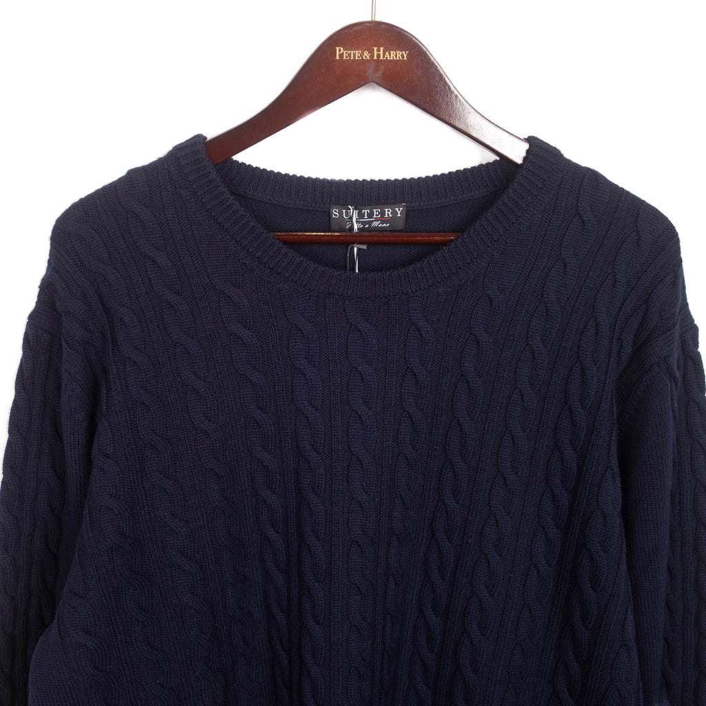 Navy Merino Wool Cableknit Crewneck