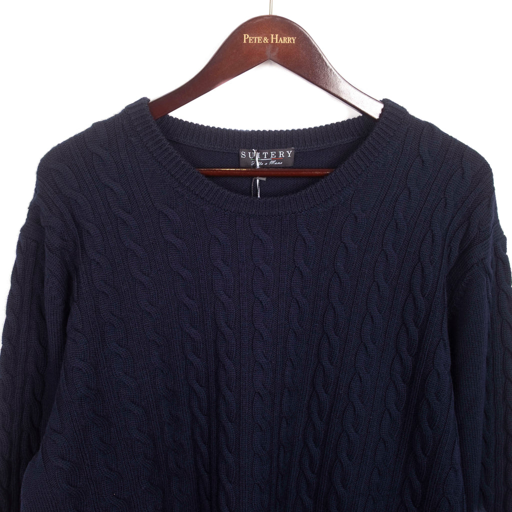 Navy Merino Wool Cableknit Crewneck