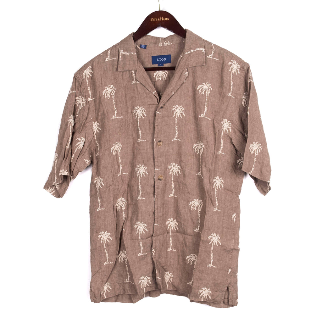 Brown Palm Tree Patterned Short Sleeved Camp Collar Shirt