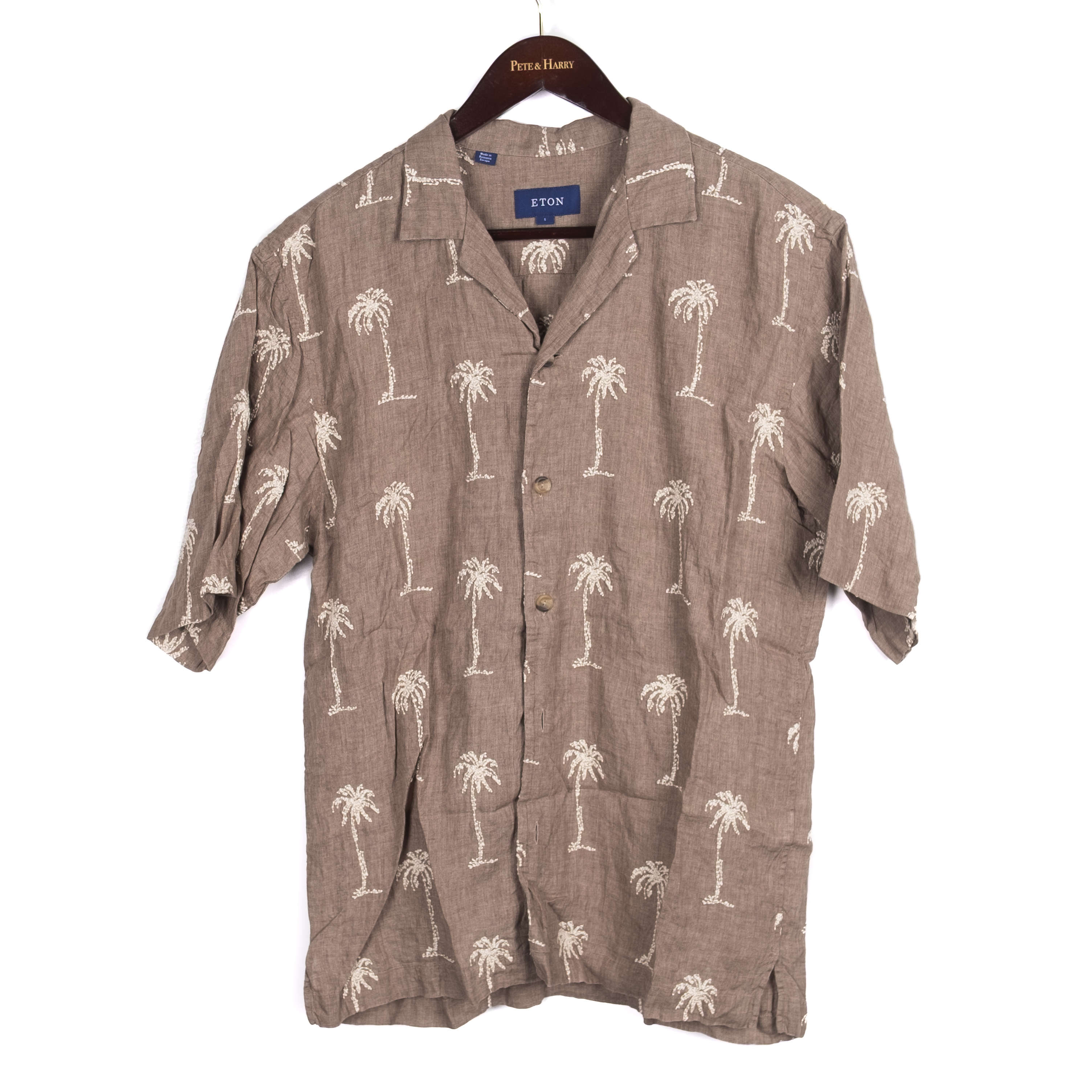 Brown Palm Tree Patterned Short Sleeved Camp Collar Shirt