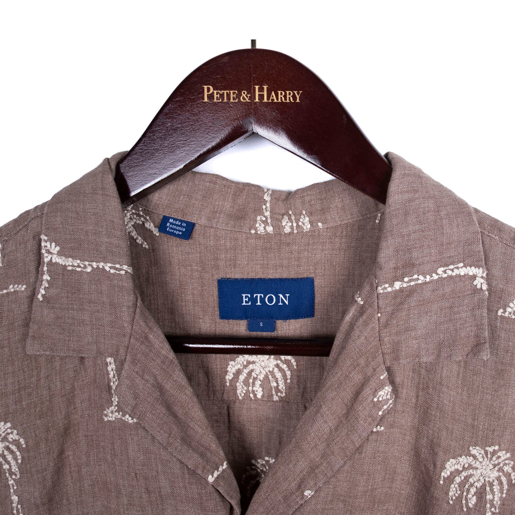 Brown Palm Tree Patterned Short Sleeved Camp Collar Shirt