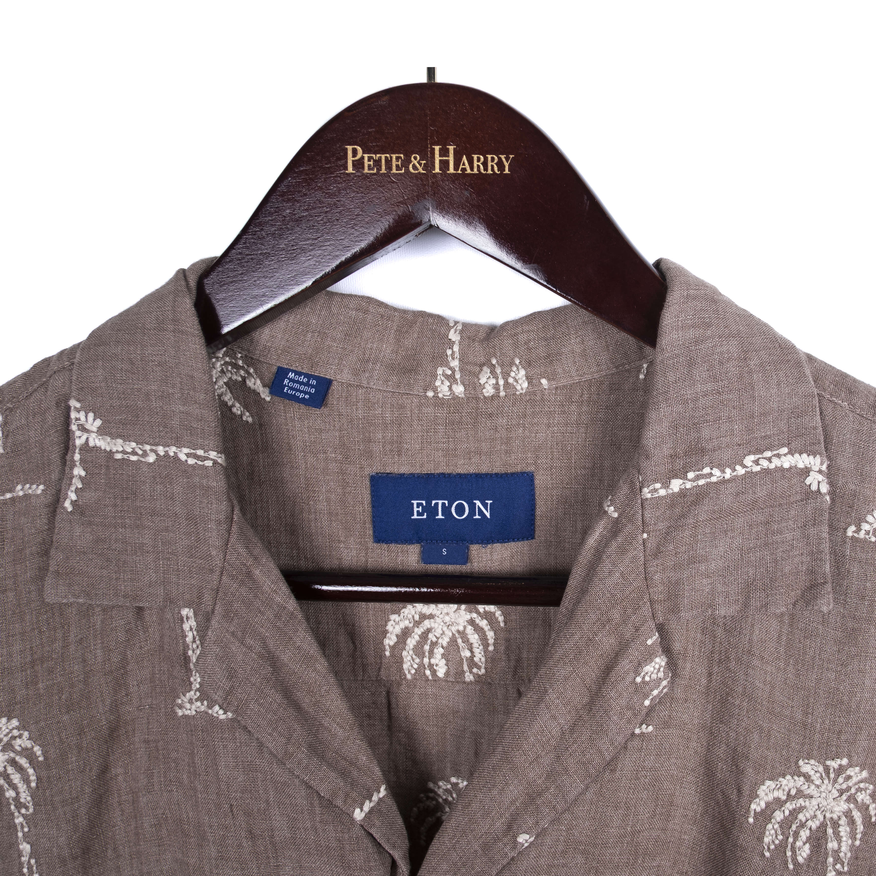 Brown Palm Tree Patterned Short Sleeved Camp Collar Shirt