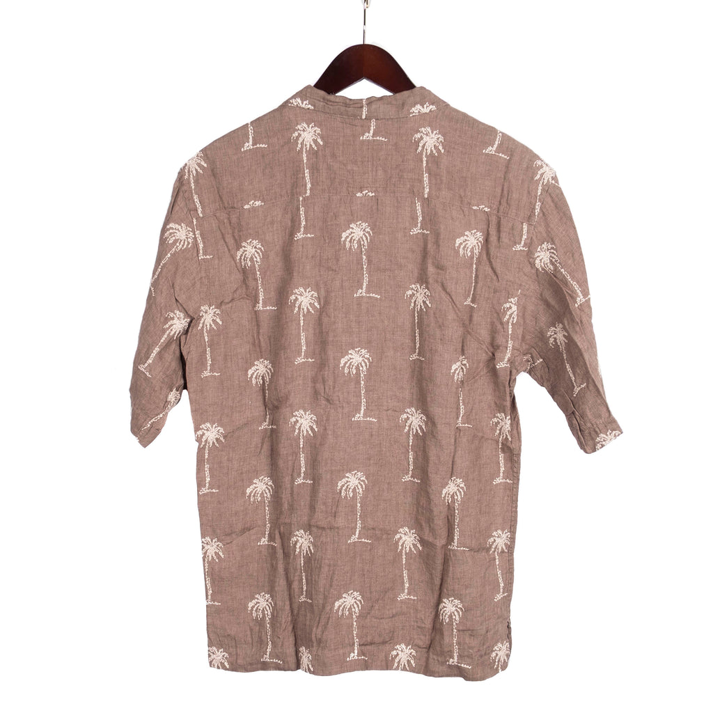 Brown Palm Tree Patterned Short Sleeved Camp Collar Shirt